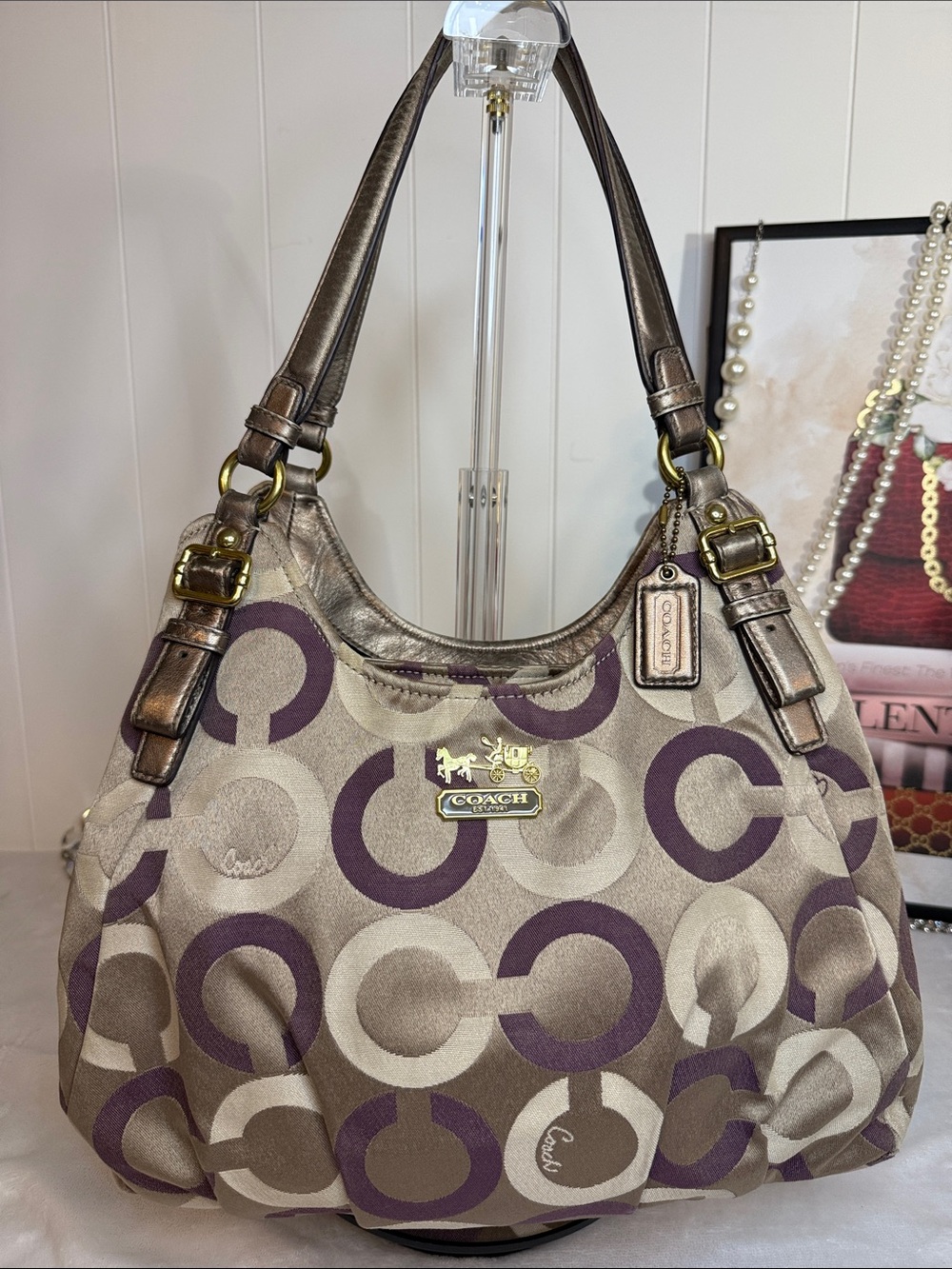 Coach Op Art Glam C1276-19844 Purple Satin Lined Metallic Bronze Shoulder Bag